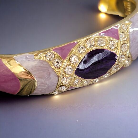 Vintage Bracelet 1980s Gold Tone Hinge with Rhinestones and Purple Enamel - Picture 2 of 10